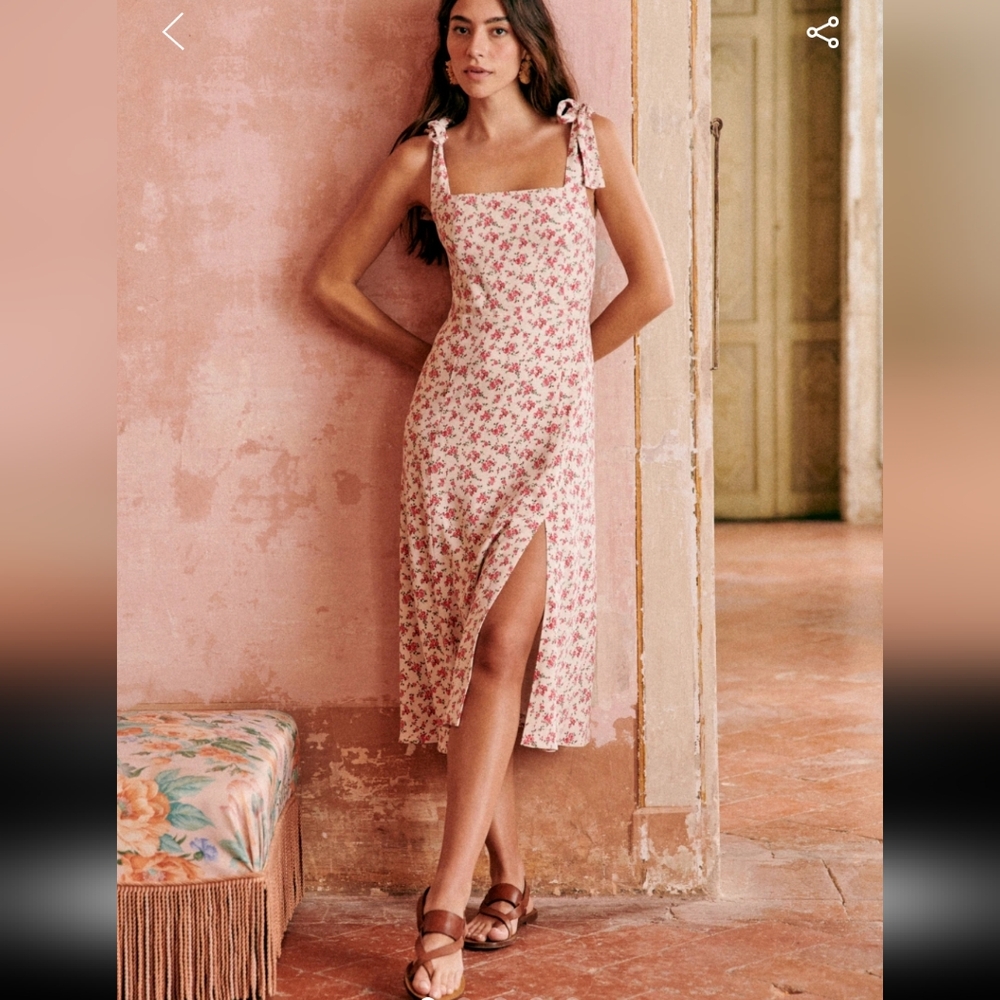 Sezane Dorotha Floral Midi Dress in White and Pink - Picture 1 of 6